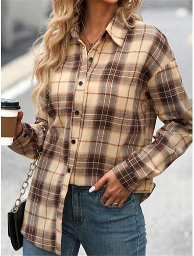  Damen Freizeitjacke Outdoor Strasse Freizeitskleidung Herbst Winter Standard Mantel Regular Fit warm Atmungsaktiv Stilvoll Brautkleider schlicht Jacken Langarm Streifen und Plaid Bedruckt Kaffee