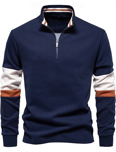  felpe con collo finto e cerniera a un quarto da uomo, pullover casual patchwork, felpa in misto cotone per uomo