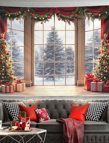  kerstversiering hangend wandtapijt wandkunst kerstgordijn raam uitzicht groot wandtapijt muurschildering decor foto achtergrond deken gordijn huis slaapkamer woonkamer