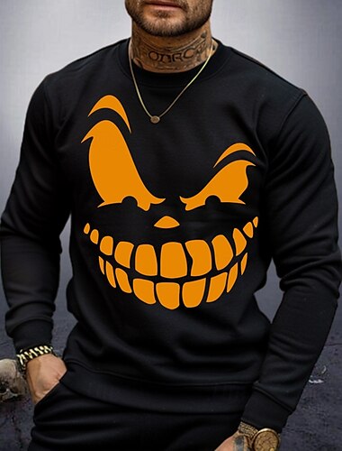  Herren Sweatshirt Pullover Basic Klassisch Pullover Halloween Lächelndes Gesicht Grimasse Schwarz Weiß Langarm Casual Rundhalsausschnitt Frühling Herbst Winter Bekleidung Designer Grafikdruck Normal