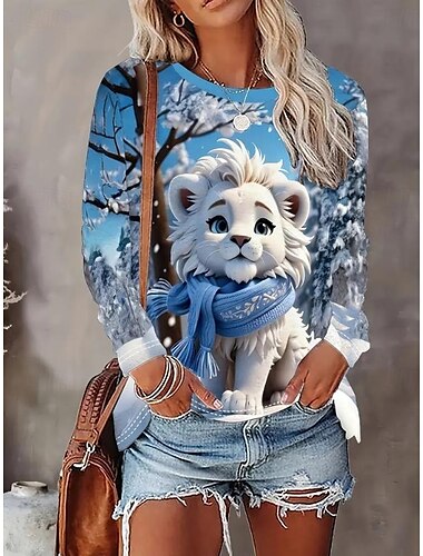  Frauen T-Shirt Langarm Pullover Rundhals Winter Löwenbaby Druck Lässige Tops Weich Bequem Mode Kleidung Alltag Ausflüge Blau Weiß Grau Regular Fit