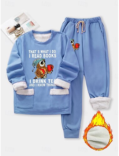  Damen 2 Teile Flauschiges Pyjama Set Langarm Oberteil und Hose Textdruck Komfort Lässig Zuhause Tragestil Mit Kordelzug Einfarbig Gemütlich Winter