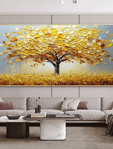  dipinto a olio originale fatto a mano con albero della vita dorato su tela, texture astratta, arte murale floreale per la decorazione della casa con cornice tesa/senza cornice interna