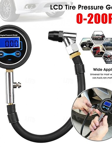  Medidor de presión de aire para neumáticos de coche, motocicleta, furgoneta, 0-200 psi, digital, LCD, 200 psi, con kit adaptador, compatible con coche, bicicleta, motocicleta