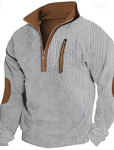  Herren Waffelhemd T-Shirt Langarmshirt Langarm Viertelreißverschluss Frühling & Herbst Ganzjahresmode Patchwork Täglich Lässig Streetstyle Patchwork Reißverschluss Outdoor Straße Lässig Schwarz