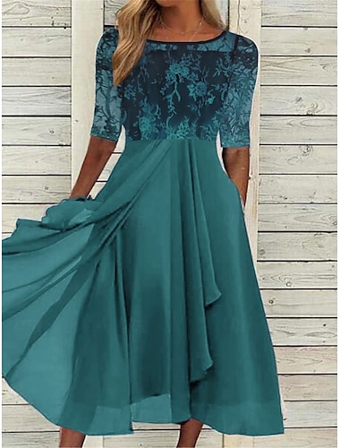  Damen Spitzenkleid Maxidress Polyester Spitze Arbeit Cocktailparty Elegant Ausgefallene Rundhalsausschnitt Halbe Ärmel Dunkelgrün Purpur Gold Farbe