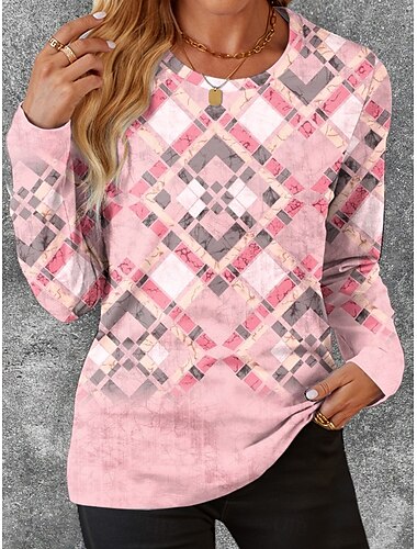  Pentru femei Tricou Geometric Casual Manșon Lung Stil Nautic Topuri obișnuite Zilnic Imprimeu Roz Îmbujorat Primăvară Toamnă