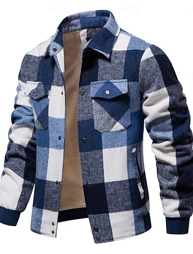  Per uomo Giacca da camicia Giacca sportiva Giacca in pile di flanella Casual / quotidiano Sexy Autunno inverno Color Block A quadri / A righe / Chevron Informale Bavero Standard Nero Blu reale Cachi