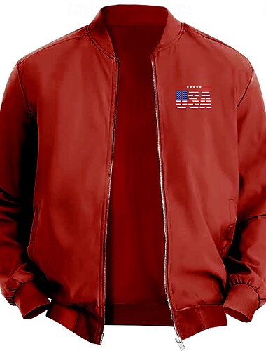  Herren Amerikanische US-Flagge USA Bomberjacke Mantel Brautkleider schlicht Sports Outdoor Freizeitskleidung Seitentaschen Reißverschluss vorne Grafik Herbst Winter Stehkragen Langarm Schwarz Rote