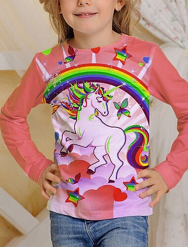  Mädchen 3D Graphic Einhorn T-Shirt Langarm Frühling Herbst Modisch Basic kinderkleidung 4-12 Jahre Rundhalsausschnitt Outdoor Casual Täglich Regular Fit