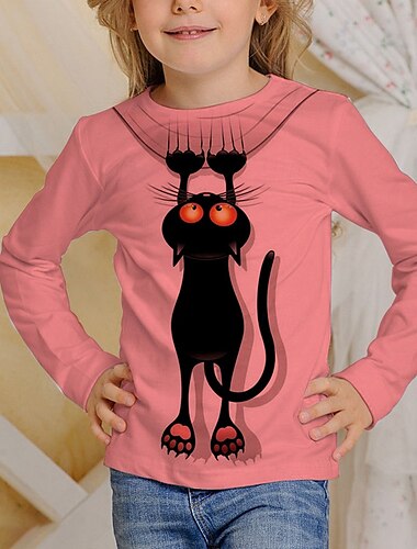  Mädchen 3D Graphic Tier T-Shirt Langarm Frühling Herbst Modisch Basic kinderkleidung 4-12 Jahre Rundhalsausschnitt Outdoor Casual Täglich Regular Fit