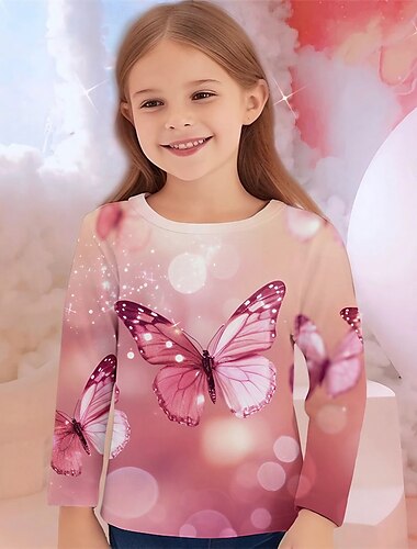  Mädchen 3D Graphic Tier Schmetterling T-Shirt Langarm Frühling Herbst Modisch Basic kinderkleidung 4-12 Jahre Rundhalsausschnitt Outdoor Casual Täglich Regular Fit