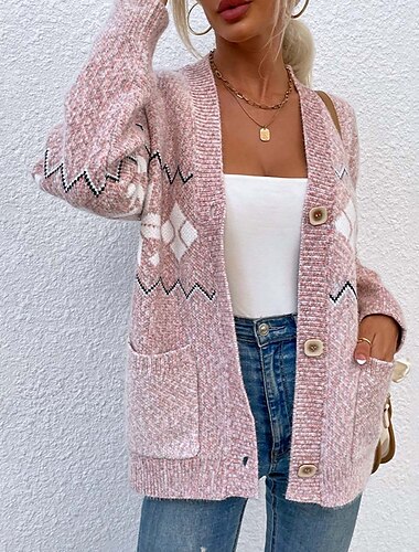 Hässliche Strickjacke für Damen, vorne offen, gestrickt, strukturiert, Herbst-Winter-Neujahrsmode, Streetwear, Alltag, langärmelig, Schneeflocke, Rosa, Hellgrau