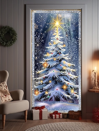  クリスマスドアデコレーション、ドアカバー、クリスマス屋外ツリー、ドアタペストリー、ドアカーテン、装飾背景、屋内/屋外ドアバナー、玄関ドア用、農家のクリスマスホリデーパーティー装飾用品