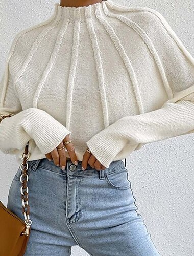  Mujer Pulóveres Moda Diario Color sólido Cuello simulacro De Punto Con Texturas Manga Murciélago Manga Larga Tops regulares Tejer Hogar Trabajo Diario Negro Blanco Otoño Invierno