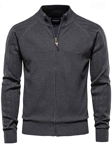  Herren Strickjacke Gerippt Zopfmuster Stricken Reißverschluss Jacquard Einfarbig Umlegekragen Strickware Neutral Outdoor Lässig Bekleidung T-Shirt Ärmel Winter Frühling & Herbst Schwarz Marineblau S