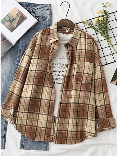  Damen Hemdjacke Shacket warm halten Atmungsaktiv Knopf Tasche Bedruckt Brautkleider schlicht Plaid Urlaub Strasse Freizeitskleidung Ausgehen Einreihiger Verschluss Standard Umlegekragen Regular Fit