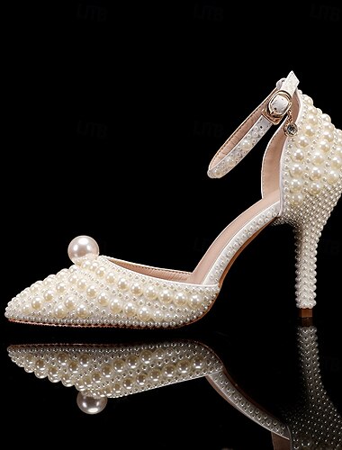  Damen Hochzeit Schuhe Weiße Schuhe Hochzeit Party Kontrastfarbe Hochzeits-Heels Brautschuhe Brautjungfernschuhe Imitationsperle Schnalle Perlenstickerei Stöckelabsatz Heterotypische Ferse Spitze Zehe