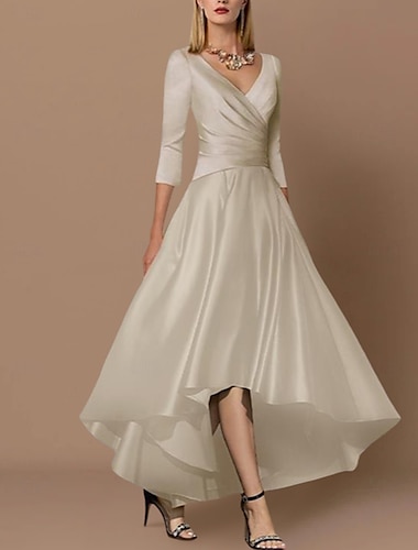  A-Linie Gold Mutter der Braut Kleid Hochzeitsgast Elegant High Low V-Ausschnitt Asymmetrisch Knöchellang Satin Halblangarm mit Falten seitlich drapiert 2025 kostenlose Maßanfertigung