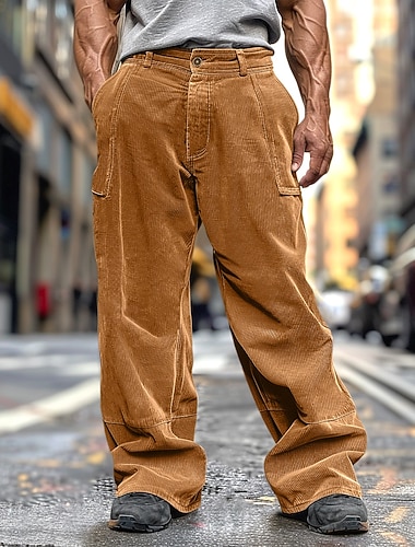  Homens Calças Cargo Calças de Veludo Calças Calças largas Calça casual Bolsos Cintura elástica Perna reta Tecido Conforto Macio Comprimento total Ao ar livre Diário Para Noite Moda Roupa de rua Verde