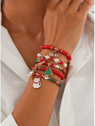  Weihnachts-Charm-Perlenarmband-Set – festliche rote, grüne und weiße gestapelte Armbänder mit Weihnachtsmann-, Baum- und Geschenkanhängern – perfekt für Feiertagsmode und Geschenke