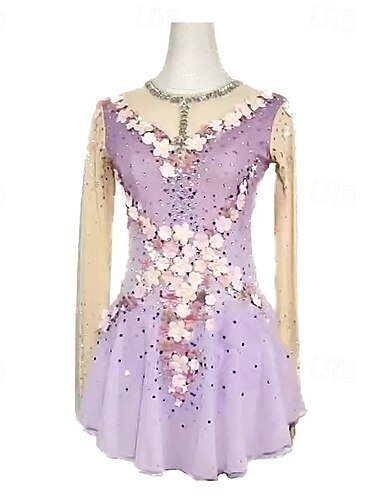  Eiskunstlaufkleid Damen Mädchen Eislaufen Kleid Violett Patchwork Netzstoff Hohe Elastizität Training Wettbewerb Eiskunstlaufkleidung Klassisch Kristall / Strass Langarm Eislaufen Eiskundstlauf