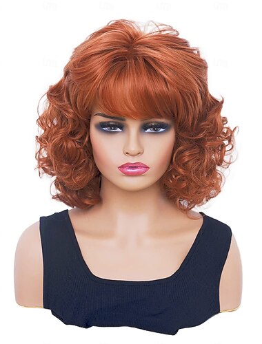  Kurze Perücken für Frauen Brünett Wellig Vintage Perücke mit Pony Synthetische schulterlange Lockige natürliche Perücke für Cosplay Karneval Alltagsgebrauch Halloween Perücken