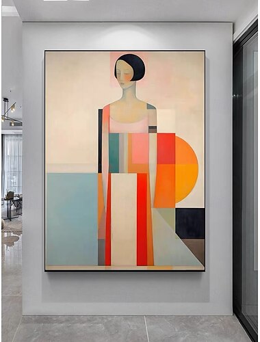  peinture à l'huile abstraite originale de femme à géométrie minimaliste sur toile, art mural peint à la main, décoration de maison moderne, art contemporain sans cadre