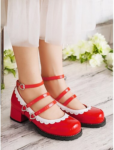  damskie czarno-białe, falbaniaste, klockowe buty typu Mary Jane – lakierowane, skórzane, platformowe buty typu lolita z klamrami w kształcie serduszek do strojów vintage lub cosplay