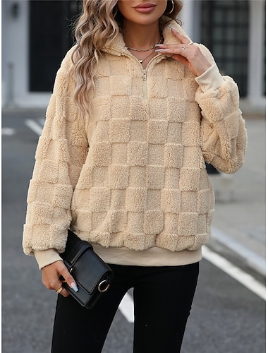  dámská mikina ležérní sherpa fleece obyčejný street denní nošení rolák zip dlouhý rukáv béžová podzim zima