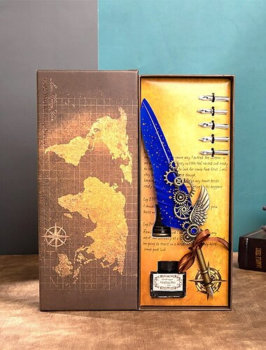  1 Set Geschenkbox, Federkiel, Kalligraphie-Stift und Tintenschreiber-Set, antikes Schreiben, Quilt-Tintenfeder, mechanisches Getriebe, Steampunk-Federkiel zum Zeichnen, Signieren und für