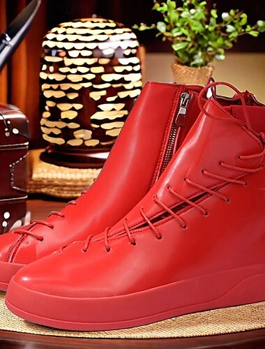  Botas altas de piel sintética roja para hombre con cremallera lateral y diseño con cordones: calzado informal elegante para otoño e invierno