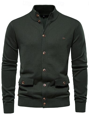  Männlich Strickjacke Stricken Normale Oberteile Gestrickt Einfarbig Stehkragen Lässig Alltagstauglich Bekleidung Herbst Winter Schwarz Dunkelgrün S M L