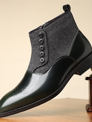  Herren-Stiefeletten aus Stoff und Kunstleder mit Fischgrätenmuster und Knopfleiste – formelle Schuhe im Vintage-Stil für geschäftliche und legere Anlässe