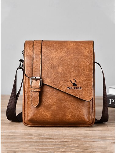  pánská hnědá crossbody kabelka z umělé kůže s nastavitelným popruhem – taška přes rameno ve vintage stylu pro každodenní nošení a cestování
