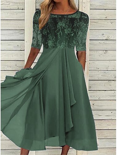  Damen Spitzenkleid Maxidress Polyester Spitze Arbeit Cocktailparty Elegant Ausgefallene Rundhalsausschnitt Halbe Ärmel Dunkelgrün Purpur Gold Farbe