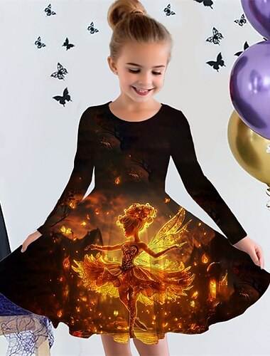  ハロウィーン 女子 3D グラフィック カートゥン ドレス 長袖 夏 春 日常 祝日 バケーション 美しい 甘い 子供 4〜12年 カジュアルドレス A ラインドレス 膝丈 ポリエステル レギュラー