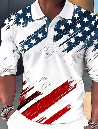  Férfi Amerikai amerikai zászló Veteránok Gofris pólóingek Golf pólóingek Hosszú ujj Pólóingek Gallér Alkalmi Vakáció Party estélyi viselet Hétköznapi Gombok 3D nyomtatás Tavasz Ősz Tél Fehér