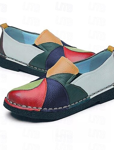  dames patchwork kleurrijke imitatieleren loafers | casual instappers met handgestikt ontwerp voor dagelijks gebruik en comfort
