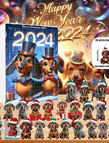  Adornos de calendario de adviento navideño, kit de 24 adornos navideños de acrílico 2D con forma de perro, regalo, mini árbol colgante con cuenta regresiva de 24 días, adornos navideños para