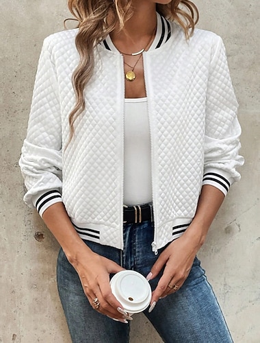  نسائي جاكيت كاجوال سترات منقوشة الأماكن المفتوحة سحاب ألوان متناوبة مريح موضة فضفاض صالح ملابس خارجية كم طويل الخريف أسود S