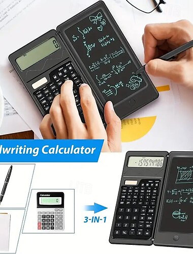  6 Zoll löschbarer LCD-Schreibblock Schlanker wissenschaftlicher Taschenrechner 10-stelliger Klapptaschenrechner Solarbatterie mit Dual-Power-Funktion Wissenschaftlicher Taschenrechner für Mathematik,