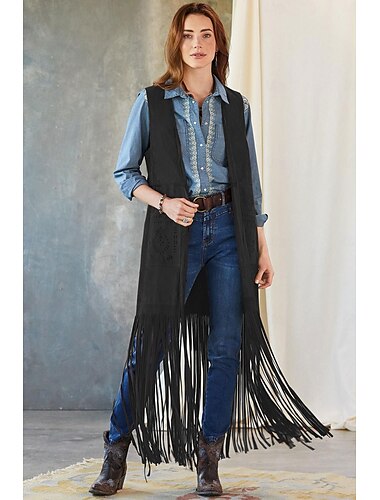  Retro Vintage Western 1970er Wildlederweste Hippie Cowgirl Quastenfransen Einfarbig Damen Maskerade Alltagstauglich Junggesellinnenabschiedsparty Erwachsene Weste Ganzjahres