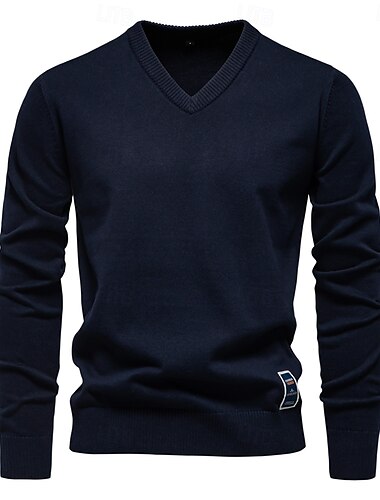  Herrenpullover mit V-Ausschnitt aus massiver Baumwolle, langärmelig, lässig, leger, gestrickt