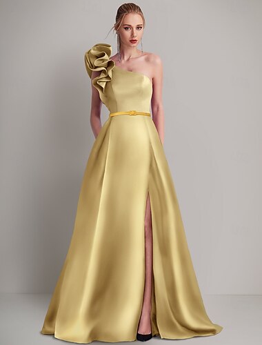  A-Linie Abendkleid Elegantes Kleid Formal Bodenlang Ärmellos Ein Schulter Tasche Satin mit Schulterblume 2025