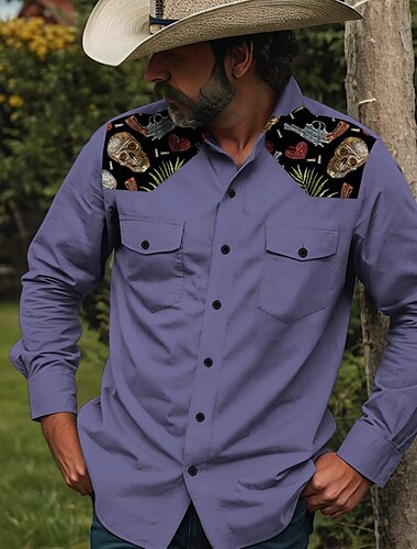  Ανδρικά Πιστόλι Cowboy Νεκροκεφαλές Δυτικό πουκάμισο Πουκάμισο με κουμπιά Πουκάμισο καουμπόη Μακρυμάνικο Βίντατζ δυτικός Καθημερινά Αργίες Φθινόπωρο Χειμώνας Ανοιξη καλοκαίρι
