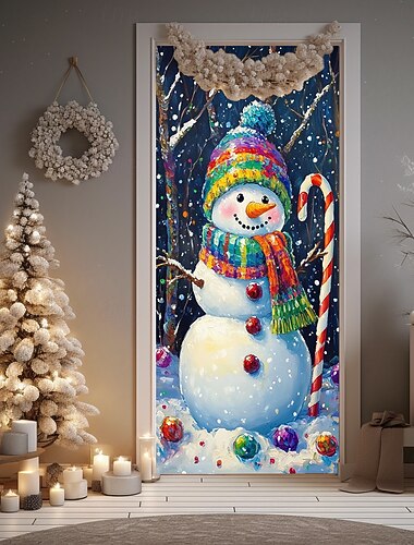  زينة باب عيد الميلاد أغطية الأبواب رجل ثلج عيد الميلاد شوكولاتة ساخنة نسيج الباب ستارة الباب خلفية ديكور لافتة الباب الداخلي / الخارجي للباب الأمامي مزرعة لوازم ديكور حفلات العطلات