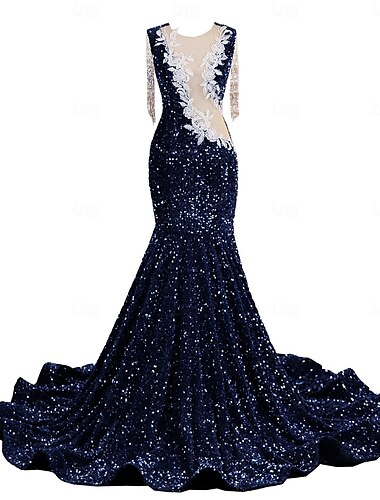  Abendkleid im Meerjungfrauen-Stil, elegantes Kleid für Abendparty, Verlobung, Hofschleppe, ärmellos, Rundhalsausschnitt, Herbst, Hochzeitsgast, mit Pailletten 2025