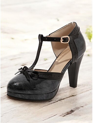  Zapatos de tacón alto con tiras en T estilo retro para mujer con lazo y hebilla: zapatos de estilo vintage clásico para bodas, fiestas y eventos formales