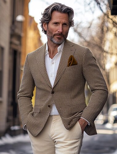  Veste de blazer pour homme Veste de sport mode décontractée Blazer pied-de-poule marron coupe ajustée à boutonnage simple à deux boutons